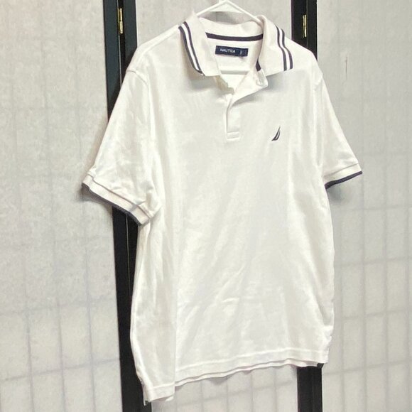 Nautica Short Sleeve Striped Band Collar Sleeve 2 Button Polo Shirt White Navy L - Picture 3 of 12
